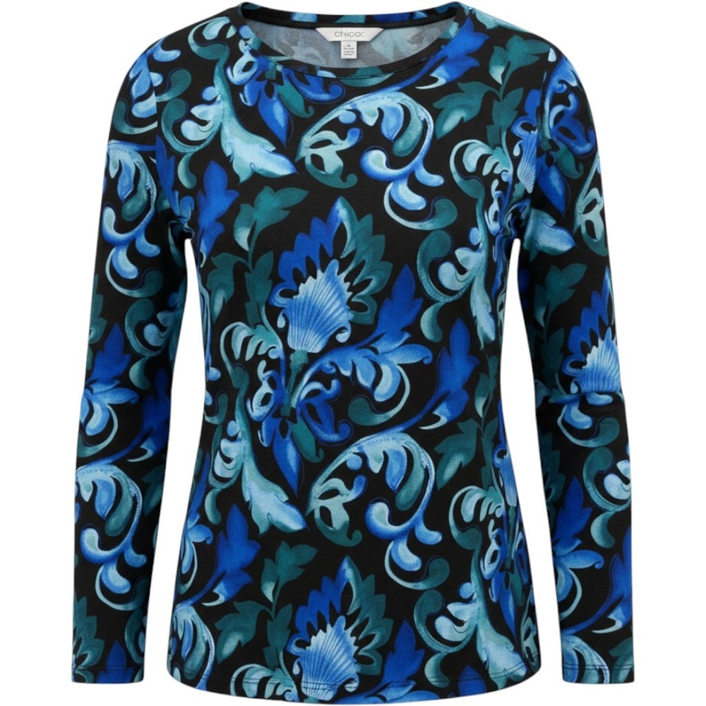 Chicos Bohemian Blue Damask Scroll Print Long Sleeve Knit Top Crew Neck Size 0 S